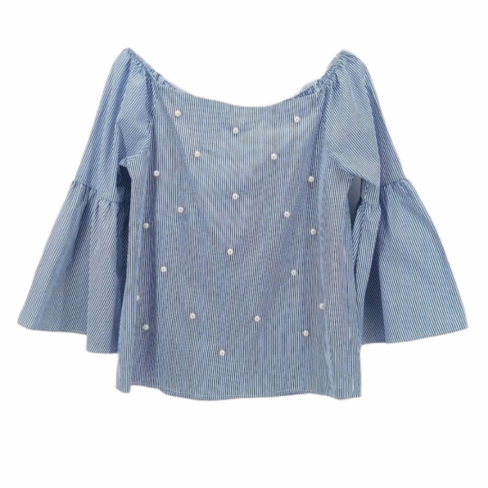 FYVE Off Shoulder Pearl Bell Sleeve Striped Top S